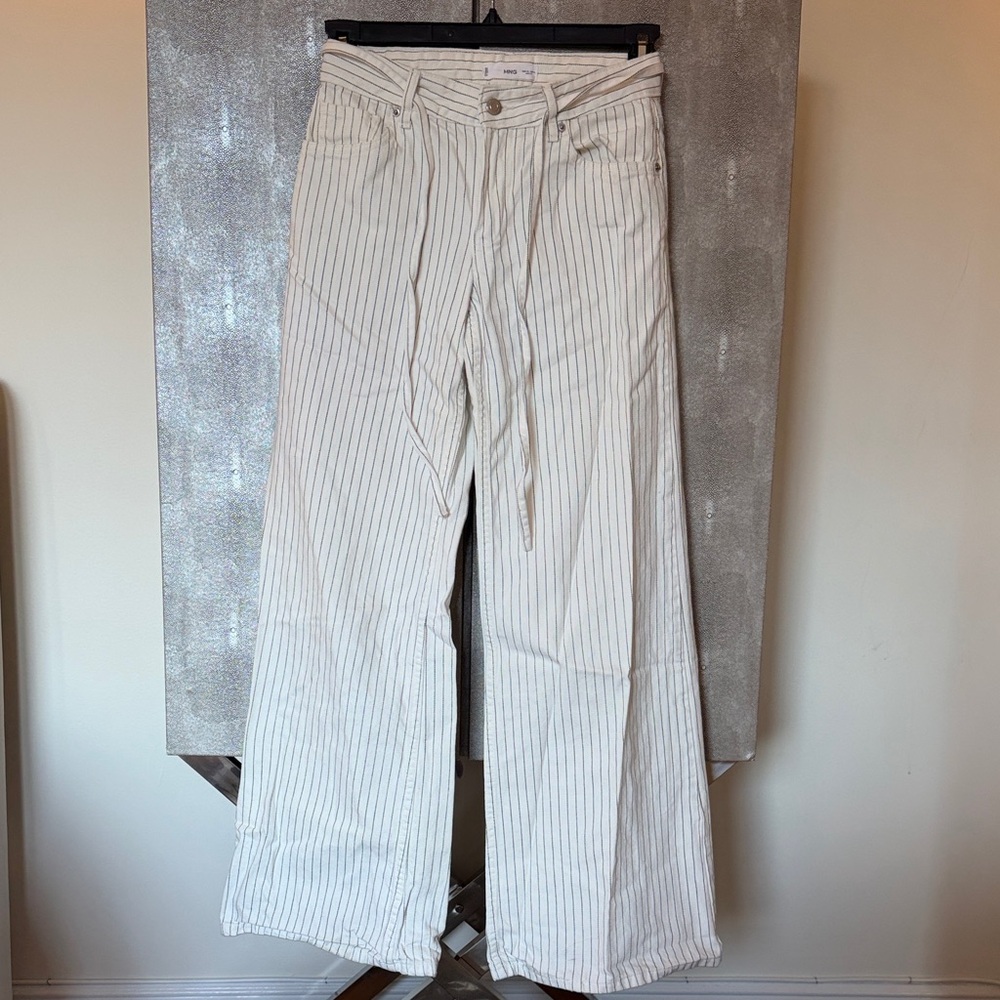 White Pinstripe Wide-Leg tie jeans